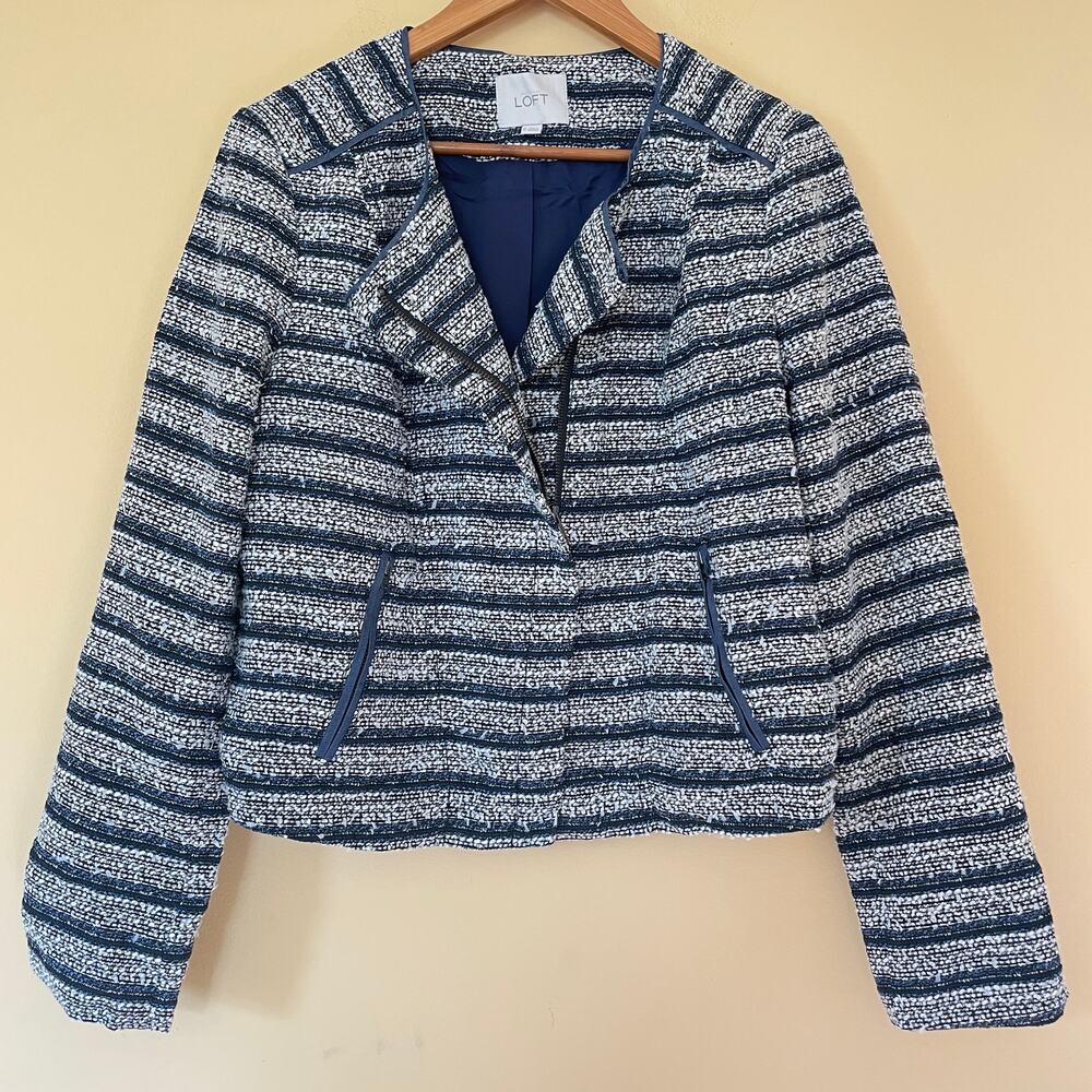 Ann Taylor LOFT Striped Tweed Moto Jacket 10 Black Blue White Career Academia